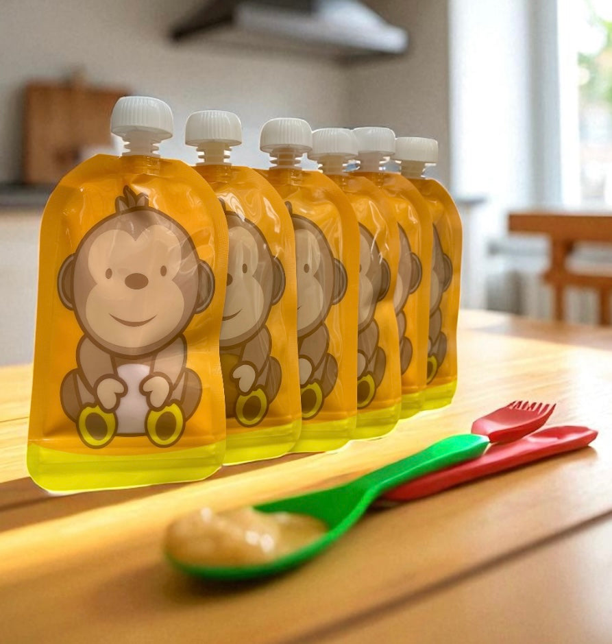 Reusable Monkey Design 150ml Zip Pouches with Bottom Opening (6-Pack)