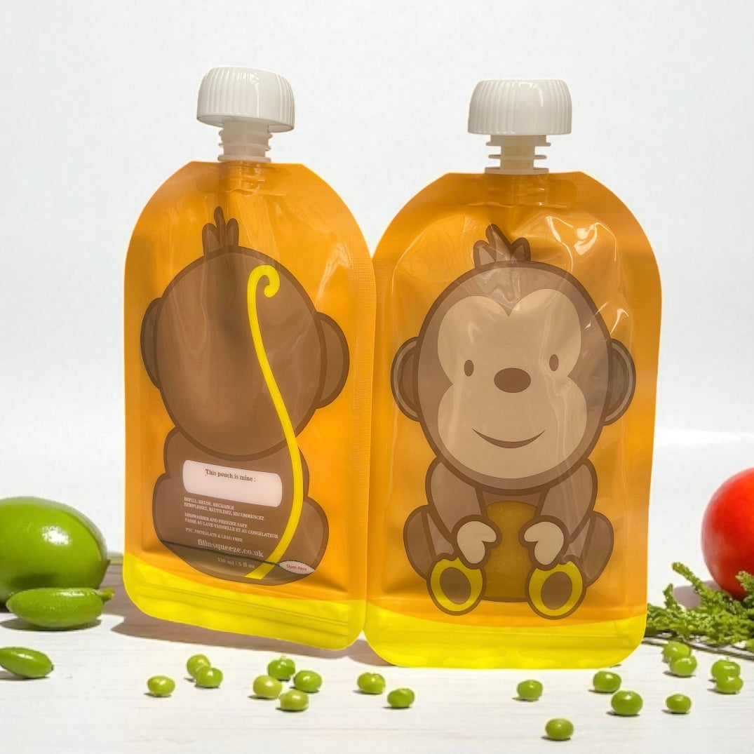 Reusable Monkey Design 150ml Zip Pouches with Bottom Opening (6-Pack)