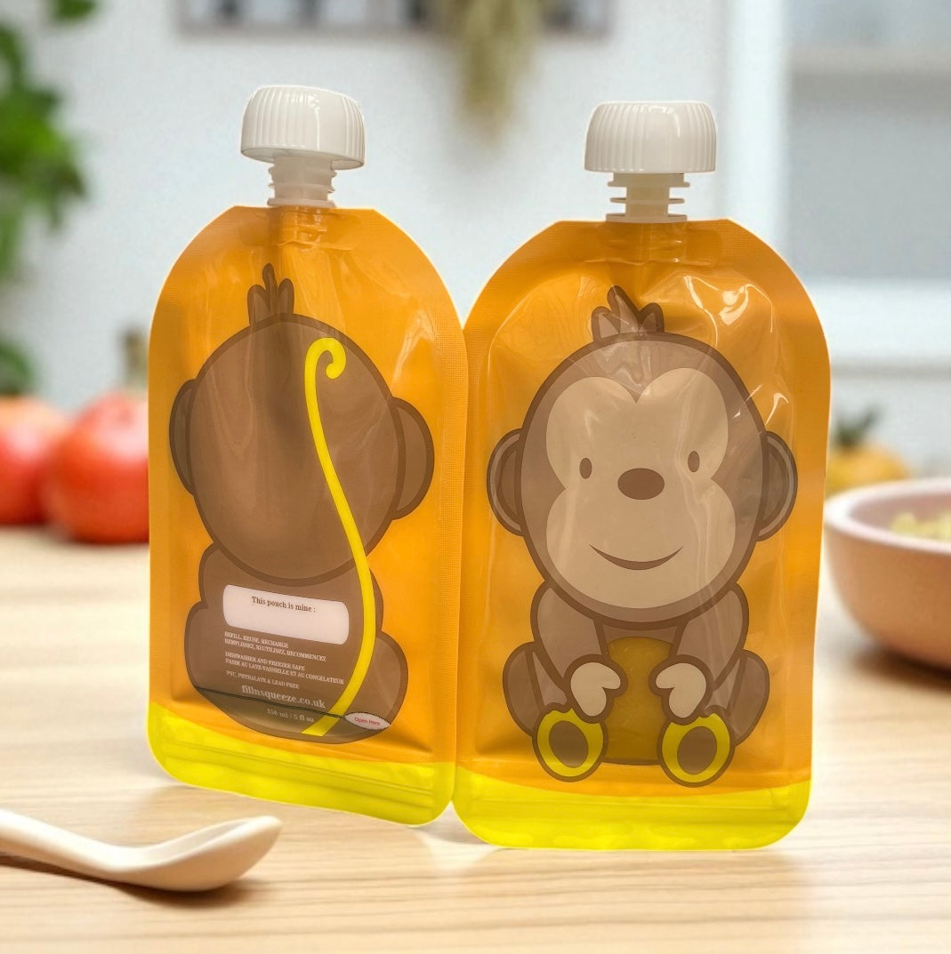 Reusable Monkey Design 150ml Zip Pouches with Bottom Opening (6-Pack)