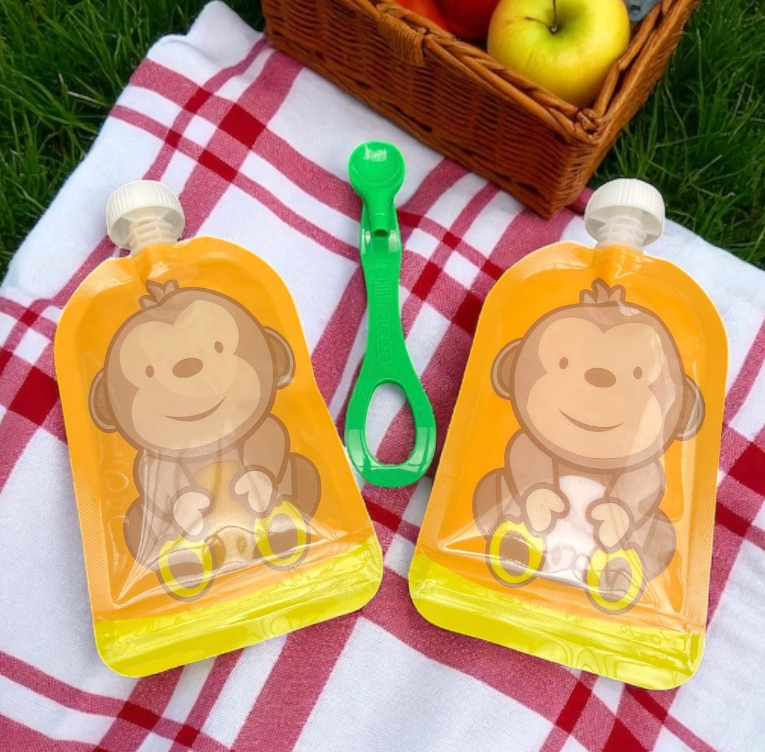 Reusable Monkey Design 150ml Zip Pouches with Bottom Opening (6-Pack)