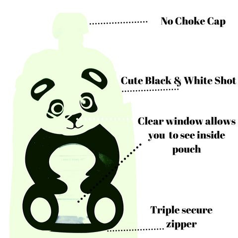 Image of Reusable Weaning Baby Food Pouch. Bottom Opening with Zip. 6 x 150 ml. Shivy the panda
