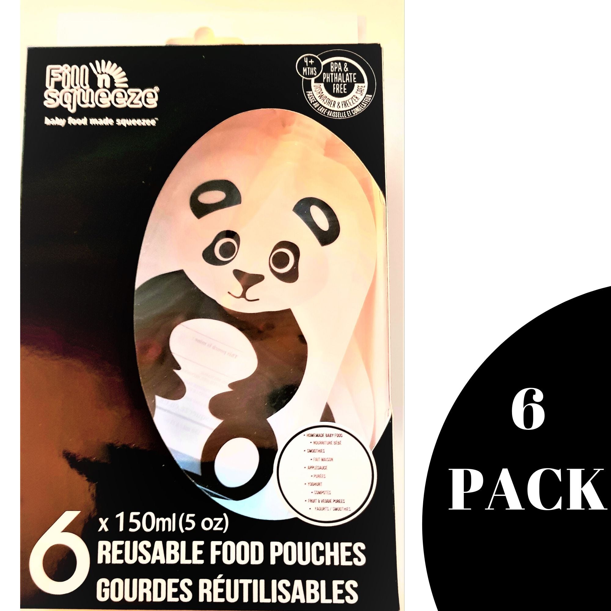 Reusable Panda Design 150ml Zip Pouches with Bottom Opening (6-Pack)