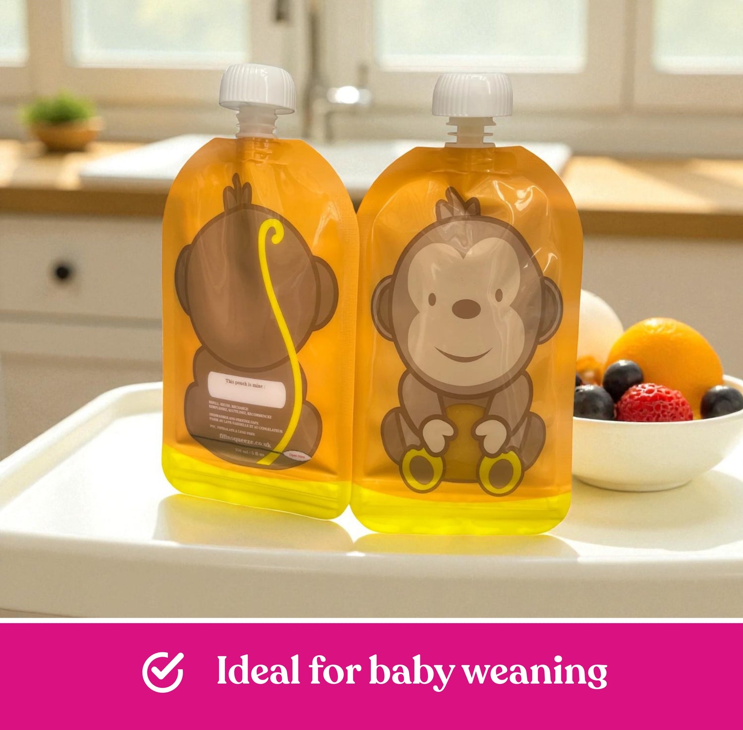 Reusable Monkey Design 150ml Zip Pouches with Bottom Opening (6-Pack)