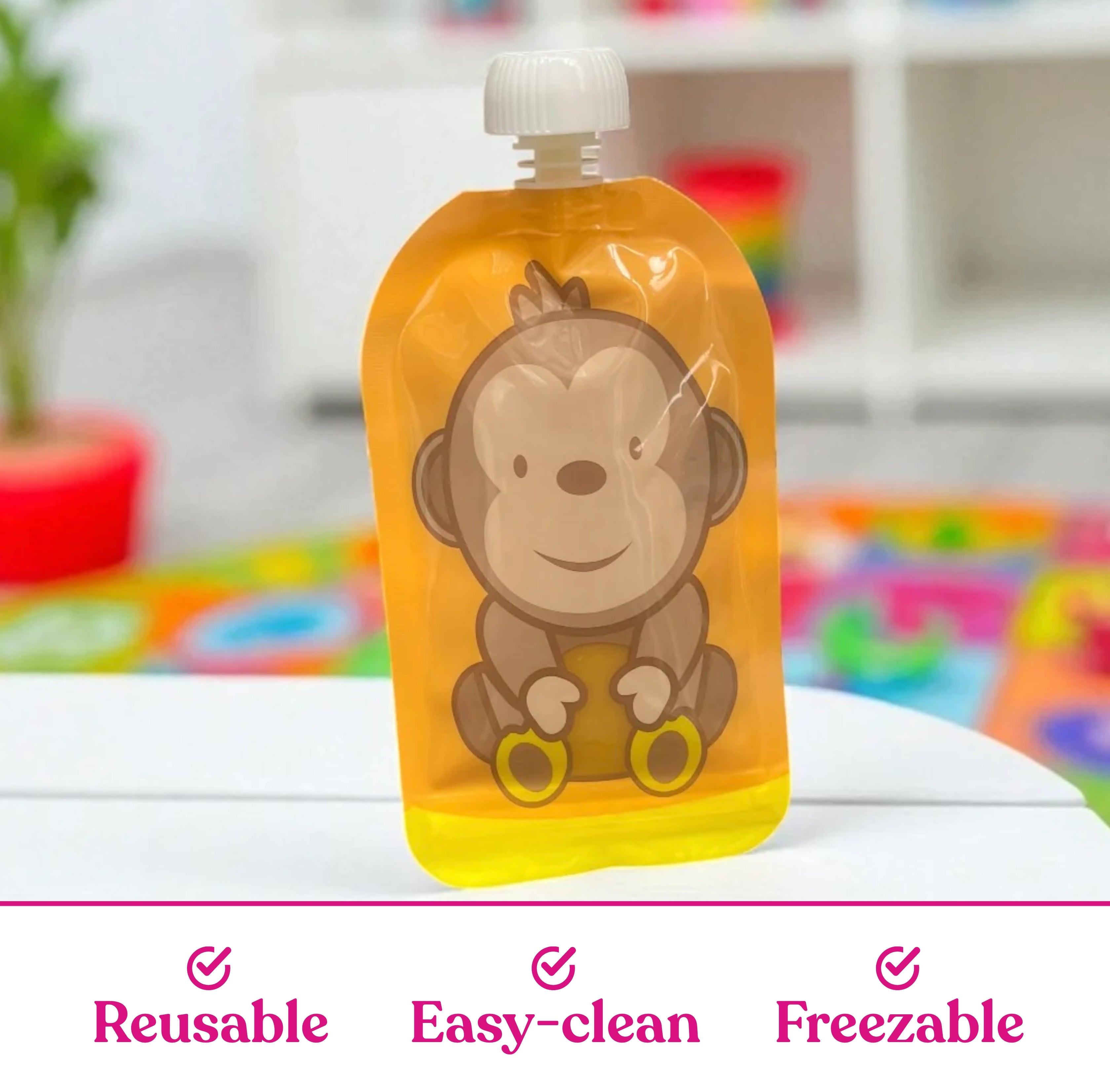 Reusable Monkey Design 150ml Zip Pouches with Bottom Opening (6-Pack)