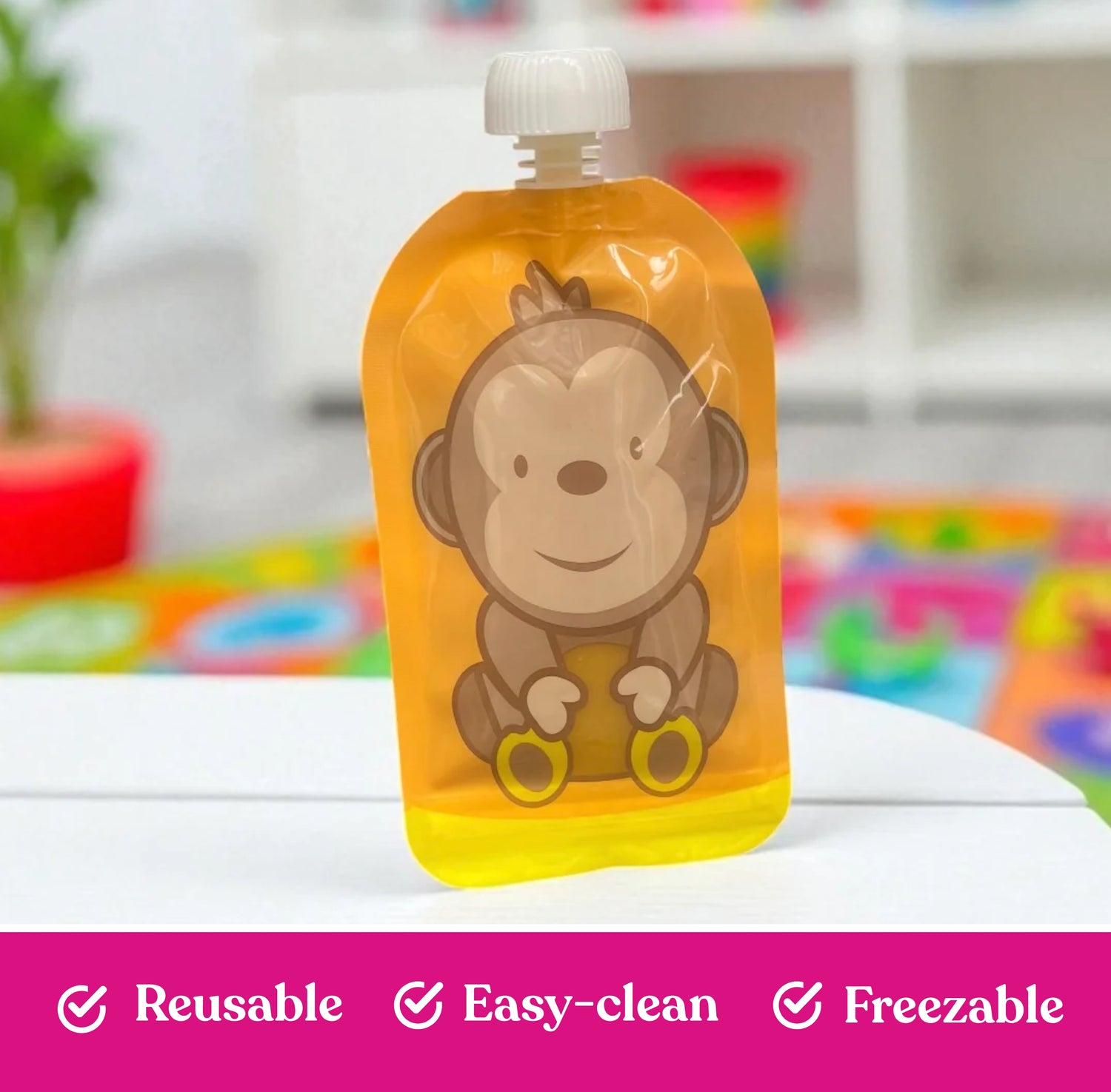 Reusable Monkey Design 150ml Zip Pouches with Bottom Opening (6-Pack)