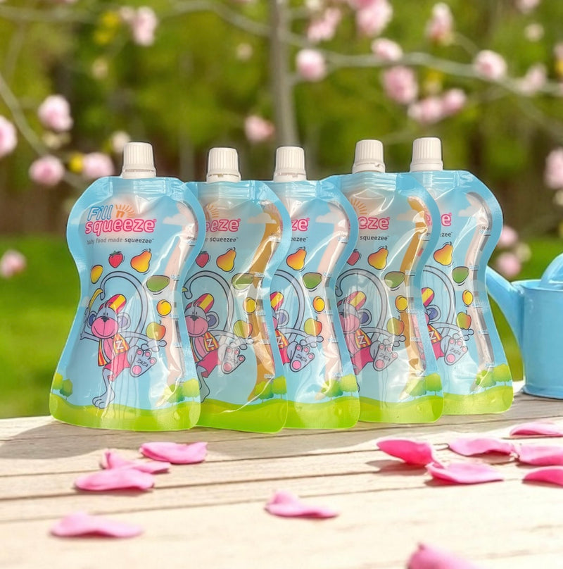 Five filled pouches on a garden table