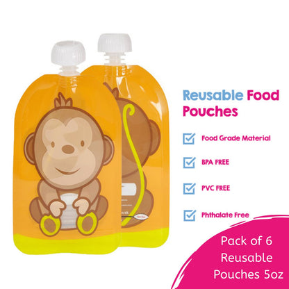 Reusable Monkey Design 150ml Zip Pouches with Bottom Opening (6-Pack)