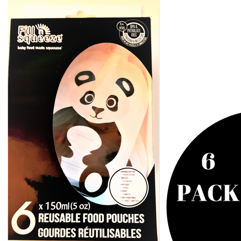 Reusable Weaning Baby Food Pouch. Bottom Opening with Zip. 6 x 150 ml. Shivy the panda
