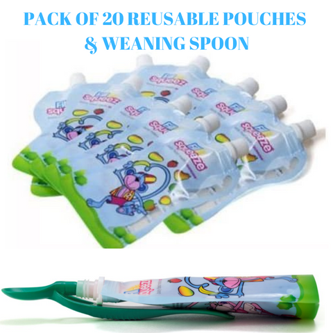 Pack of 20 x 150ml Reusable baby pouches non spill and weaning pouch spoon