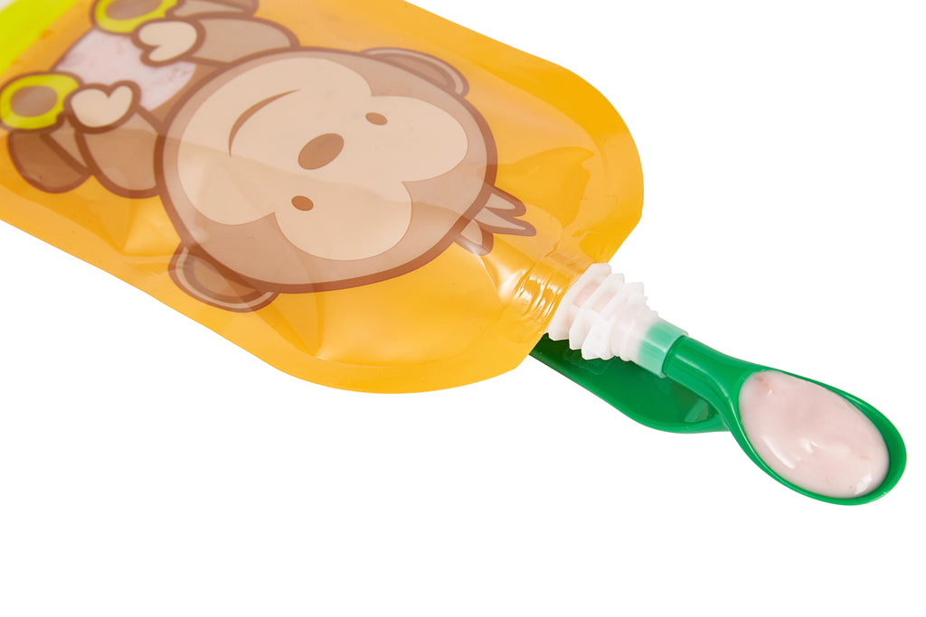 Reusable Weaning Baby Food Pouch. Bottom Opening with Zip. 6 x 150 ml. Dani the monkey.