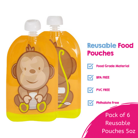 Image of Reusable Weaning Baby Food Pouch. Bottom Opening with Zip. 6 x 150 ml. Dani the monkey.