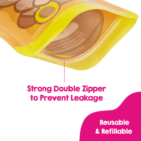 Image of Reusable Weaning Baby Food Pouch. Bottom Opening with Zip. 6 x 150 ml. Dani the monkey.