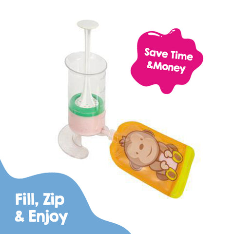 Image of Reusable Weaning Baby Food Pouch. Bottom Opening with Zip. 6 x 150 ml. Dani the monkey.